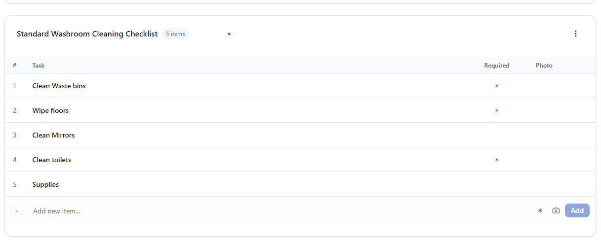 Komplio digital cleaning log checklist form — cleaners complete a structured checklist for each washroom visit