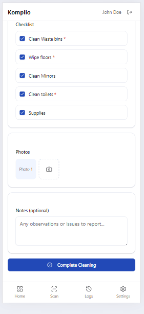 Komplio photo evidence — cleaners attach timestamped photos to each cleaning log entry