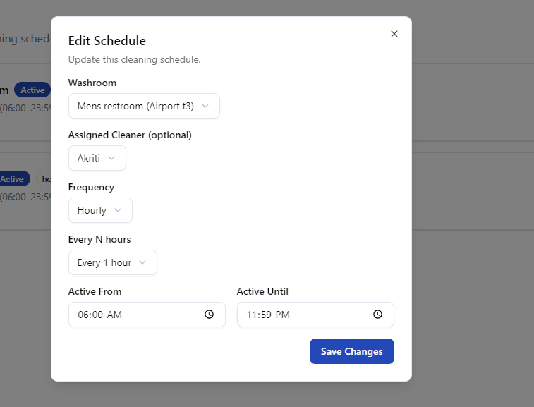 Komplio scheduling view — supervisors set recurring cleaning schedules and monitor completion